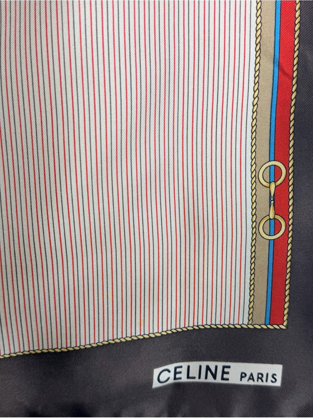 Celine Cream Horse Bit Silk Scarf with Red and Blue Stripe & Brown Border - Picture 7 of 9